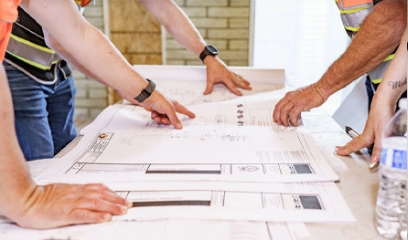 Four people in safety vests review and discuss architectural blueprints spread out on a table; one person points to a specific area, highlighting plans for commercial construction jobs in Arizona.